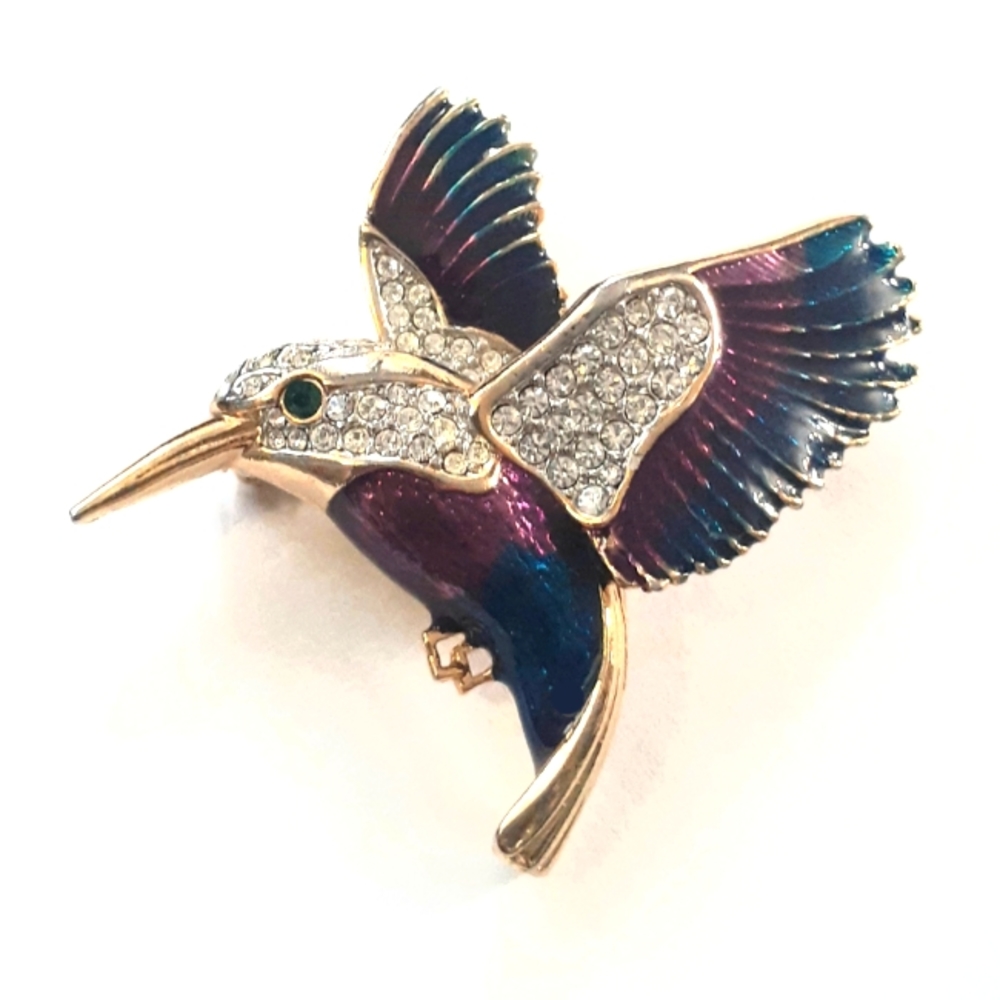 1960s Caplan A&S Attwood & Sawyer Kingfisher Hummingbird Pin Brooch 22 Ct Plate